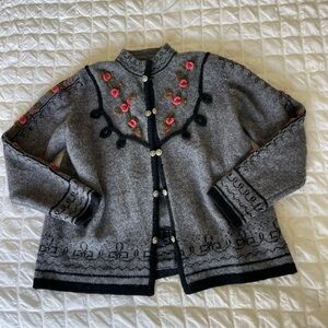Vintage  1980’s Susan Bristol Gray Wool Cardigan with Pink and Green Embroidery